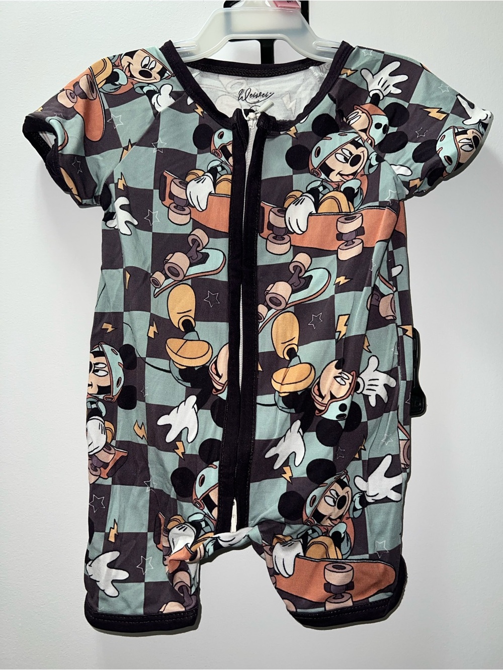 Mickey Mouse Skateboard Short Sleeve Zip-Front One-Piece Romper - Black & Teal